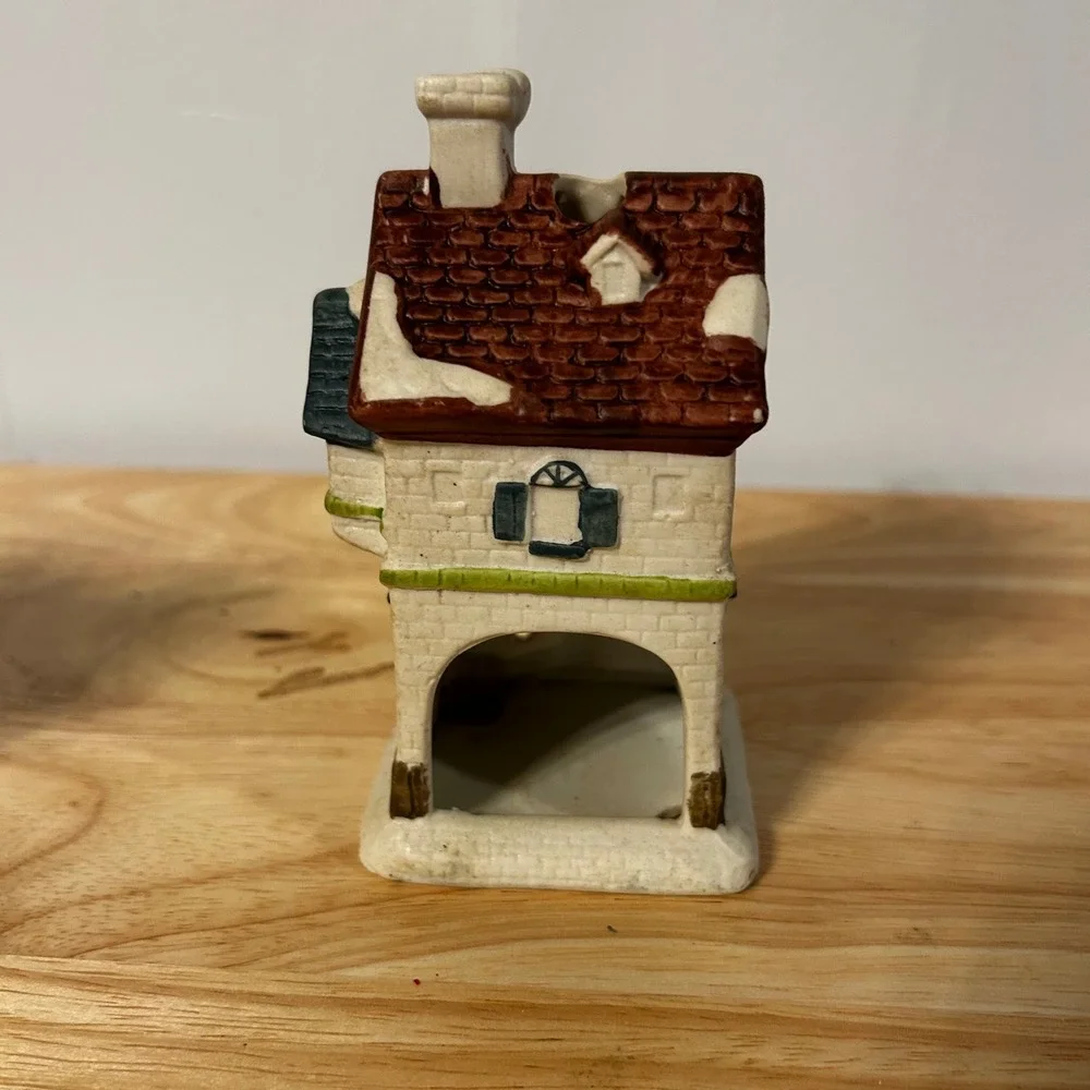 Vintage Ceramic Christmas Village Store Tea Light Holder Snow Covered House